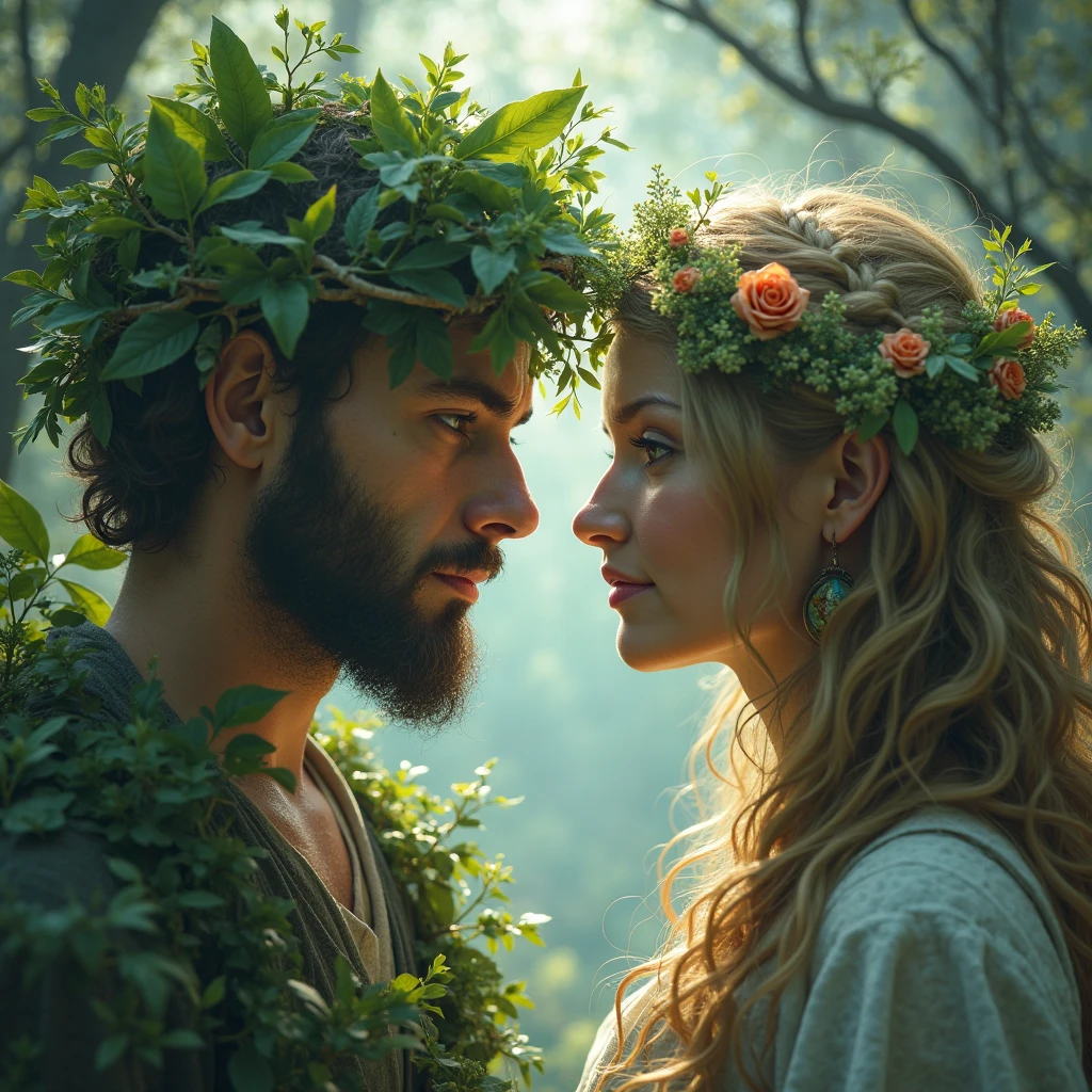 A male Bible character and a female Bible character representing Adam and Eve created in the image of God, detalhes realista, maximum detail.