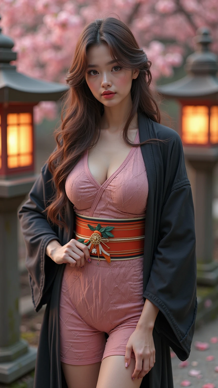 RAW photo, 1 girl, incredibly absurd, 20-year-old, beautiful girl, (cute), (Shiny hair), hair ornaments, photo shoot, realistic, Depth of the bounds written, High resolution, Super detailed, delicate, very detailed, highly detailed eyes and face, sharp pupils, realistic lady, sharp focus, LED lighting, Eye and face details, (pink kimono), cowboy shot full body, (wind lift:1.8), cameltoe, ancient capital, (Big breasts that are about to burst:1.3), Close-up, perfect body, cherry blossom petals, backlit flash lighting, from the front
