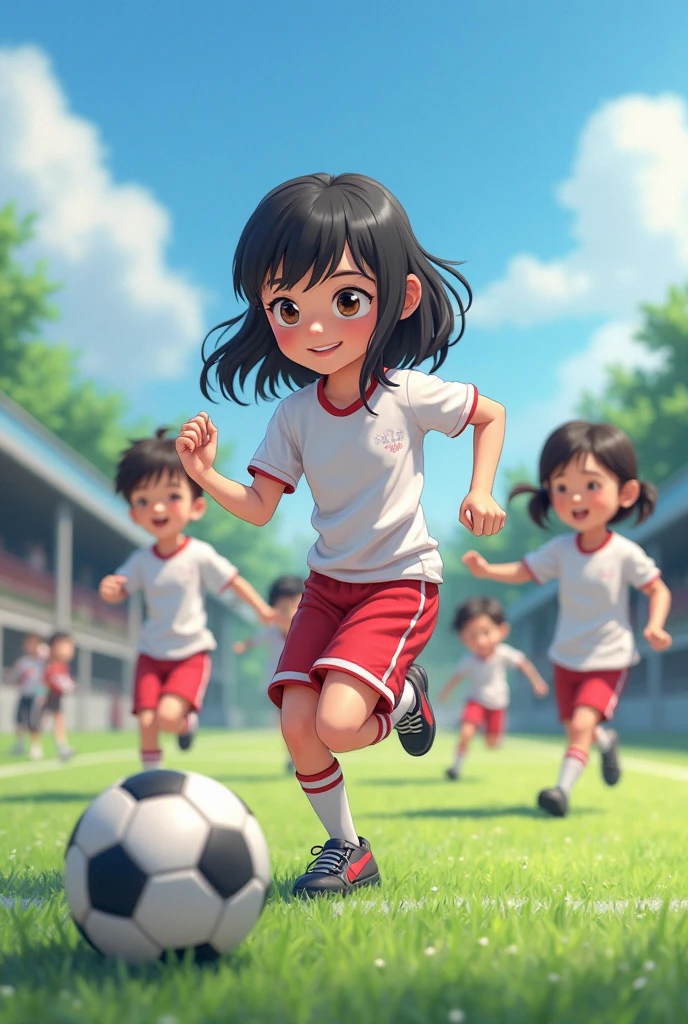 (masterpiece),(best quality),(ultra-detailed),(full body:1.2), chibi, cute, smile, 2boys of 8yo and 2girls of 8yo, Troublemaker, play together, ((run and kick the ball and play)).