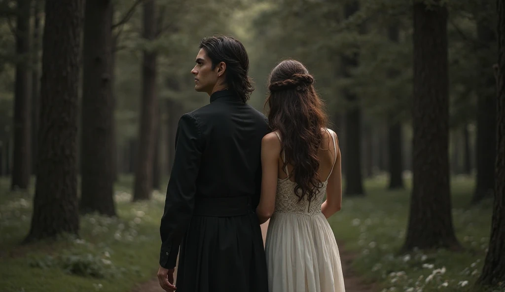 **Description d'une Image de Aaron et Eliora**

**scene**: A hidden clearing in the Forbidden Forest, lit by a soft, golden light from the setting sun. Les arbres environnants sont grands et majestueux, with their branches forming a natural arch above the clearing. Wildflowers of all colors dot the ground, ajoutant une touche de magie à l'atmosphère. Un ruisseau murmure doucement en traversant la clairière, its sparkling waters reflecting the sunlight.

**Eliora**: She is standing by the stream, slightly turned towards Aaron. Her long brown hair is let down, capturing the golden reflections of the sun. Elle porte une robe simple but elegant, de couleur ivoire, qui contraste avec la verdure environnante. Ses yeux brillent d'une curiosité insatiable et d'un mélange de courage et de vulnérabilité. Une main est tendue vers Aaron, comme pour l'inviter à s'ouvrir davantage.

**Aaron**: Il se tient en face d'Eliora, un peu en retrait, son regard intense fixé sur elle. Her black hair is slightly disheveled, et ses yeux sombres semblent cacher des secrets profonds et insondables. Il porte une tenue sombre, simple but elegant, adapted to his role as warrior and wanderer between worlds. He is both seductive and mysterious, with an aura that evokes both dangerousness and irresistibility. His posture is slightly tense, as if he was ready to disappear at any moment, but his look shows that he is captured by the intensity of the moment.

**Ambiance**: L'image dégage une atmosphère de tension et de romance interdite. Le contraste entre la lumière douce du coucher de soleil et les regards intenses des personnages accentue le drame de leur situation. Flowers and stream add a touch of serenity and natural beauty, reinforcing the idea that their love is an oasis of peace in a war-torn world.

Dans cette image, la connexion entre Eliora et Aaron est palpable, every detail 