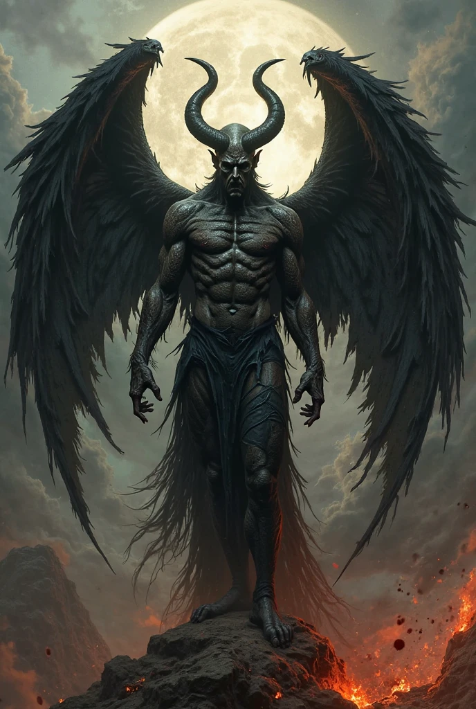 Create a black and white drawing of a half human body and a cyborg on the side with demonic wings and angelic wings and a crown and horns and that on the face a psychopathic smile is shown and on the chest it has a tattoo of the Taurus zodiac sign and in the center of it the sign of the mark of sacrifice that has a physique of a water god and a beauty of a Greek god