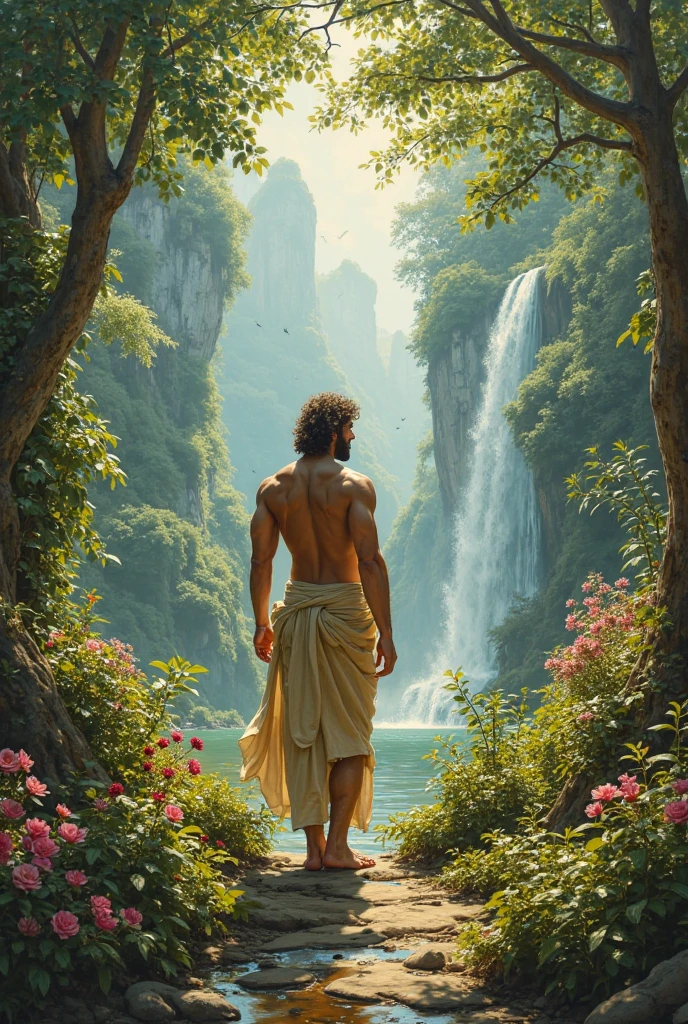 high resolution, ultra realistic and artistic, akira style, person in more modern and elegant attire, most muscular man, bright coloured, wearing no shirt, man and nature, stronger colors, White sneakers, looking at the waterfall