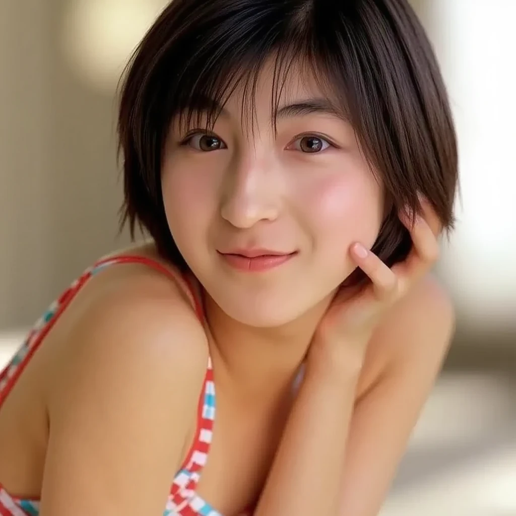 ((highest quality、8K resolution、master masterpiece、portrait:1.3)), Photoreal, 35mm film, 1 Japanese female, Upper body_cowboy shot、on the street during the day,tassel 、Pixie cut_boyish,wrinkles around the eyes、smile,((micro bikini:1.3)) , (outdoor:city street 1.3), jumbled background,look at the audience,Tokyo cityscape:1.3,