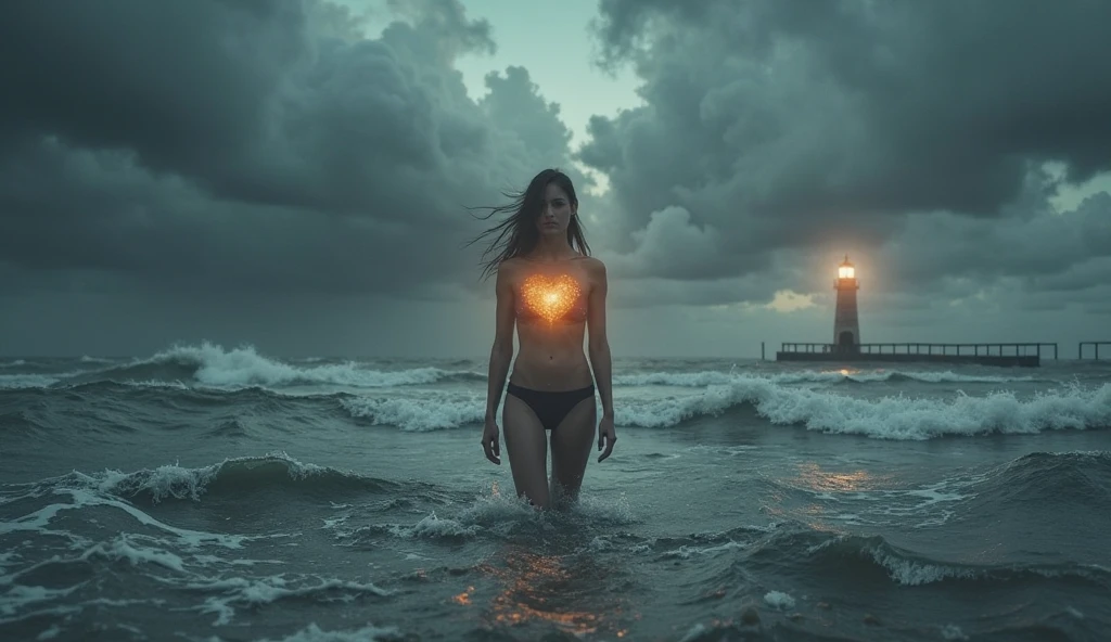 Create a highly realistic image depicting a person standing strong in the midst of a storm, with dark clouds and rain surrounding them. Despite the harsh conditions, the person has a serene and peaceful expression, symbolizing inner joy and faith. A subtle glow emanates from their heart area, representing the strength and perseverance that comes from their faith. In the background, the storm is gradually clearing, with rays of sunlight breaking through the clouds, hinting at the hope and perseverance that emerge from trials. The overall mood should convey the profound message of finding joy and strength in the face of adversity, as inspired by James 1:2-3.