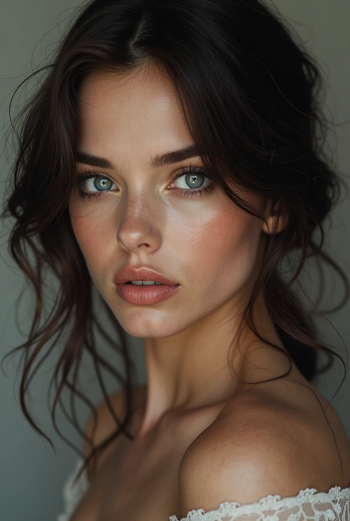 (((ultra realistic))),Waist up photo, masterpiece, top quality, (Ultra detailed face and eyes:1.3),1 divine goddess, 1 european teen girl with freckles in dark bedroom, 25 years old,perfect tear drop breasts, messy and sexy hair, (natural breast 1,5), beautiful goddess jewelery, looking from side, natural looking makeup, astonishing beauty, ultra beautiful cat eye makeup, seductive smile, seductive queen,natural breasts, (breast focus), (special attention to skin detail: 1.2), Ultra detailed eyes, Erotic atmosphere, sexy short hair, strong jaw line, perfect geometry, detailed background, background rich in details, depth in field, sharp focus on details, intricate details, realistic photo, warm lighting, top torso pic