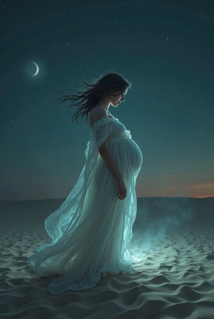 (Masterpiece), Perfect, side view of a brown hair pregnant nude woman in white transparent dress, look at viewer, beautiful face, the iris of her eyes are equally proportional in size and equally illuminated by light, she have elegant hairstyle, normal legs, sharpness in the photo, focus on the face and eyes of this woman, beach and sea panorama, space galaxy night in sky and background