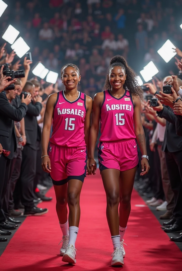  1 beautiful biracial woman blue hair and 1 beautiful biracial woman brown straight hair, basketball jersey, basketball court, Plan Américain, Gros seins, 