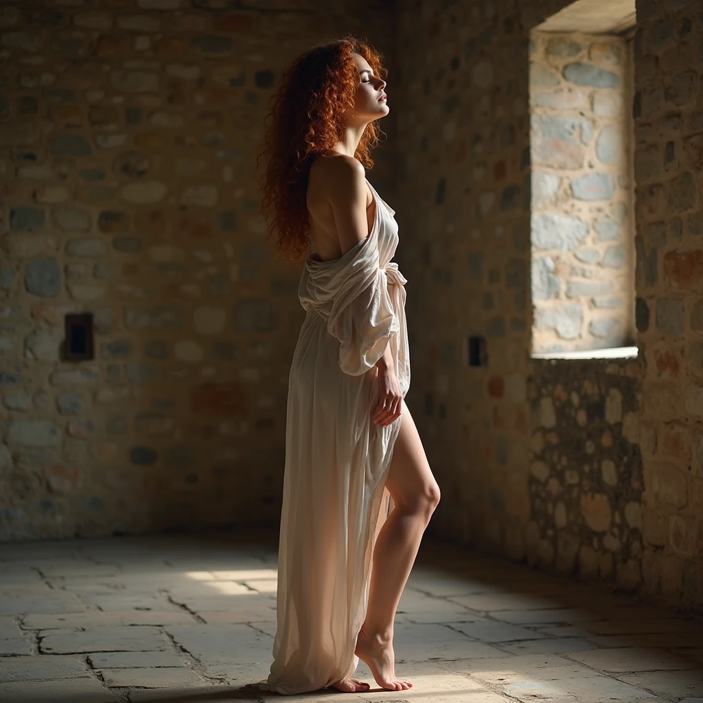 Photorealistic photo of a young redhead in lingerie wondering in the old market i Tailand, sonrisa suave, Arte de Midjorney, luminismo, Sombra intrincada definitiva - Contraste de luz, Obra maestra ganadora del Premio IPA, artistic lens, warm colours, arte por Tim Burton