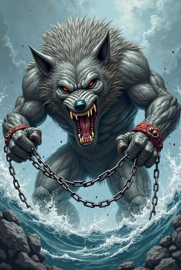 looking at viewer, teeth, no humans, chain, animal, claws, wolf