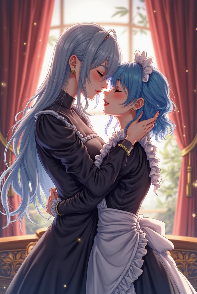 (Felicia + Flora Maid outfit) 2girls together, standing next to each other, holding hands and hugging each other, french kiss, kiss, add details, very detailed
