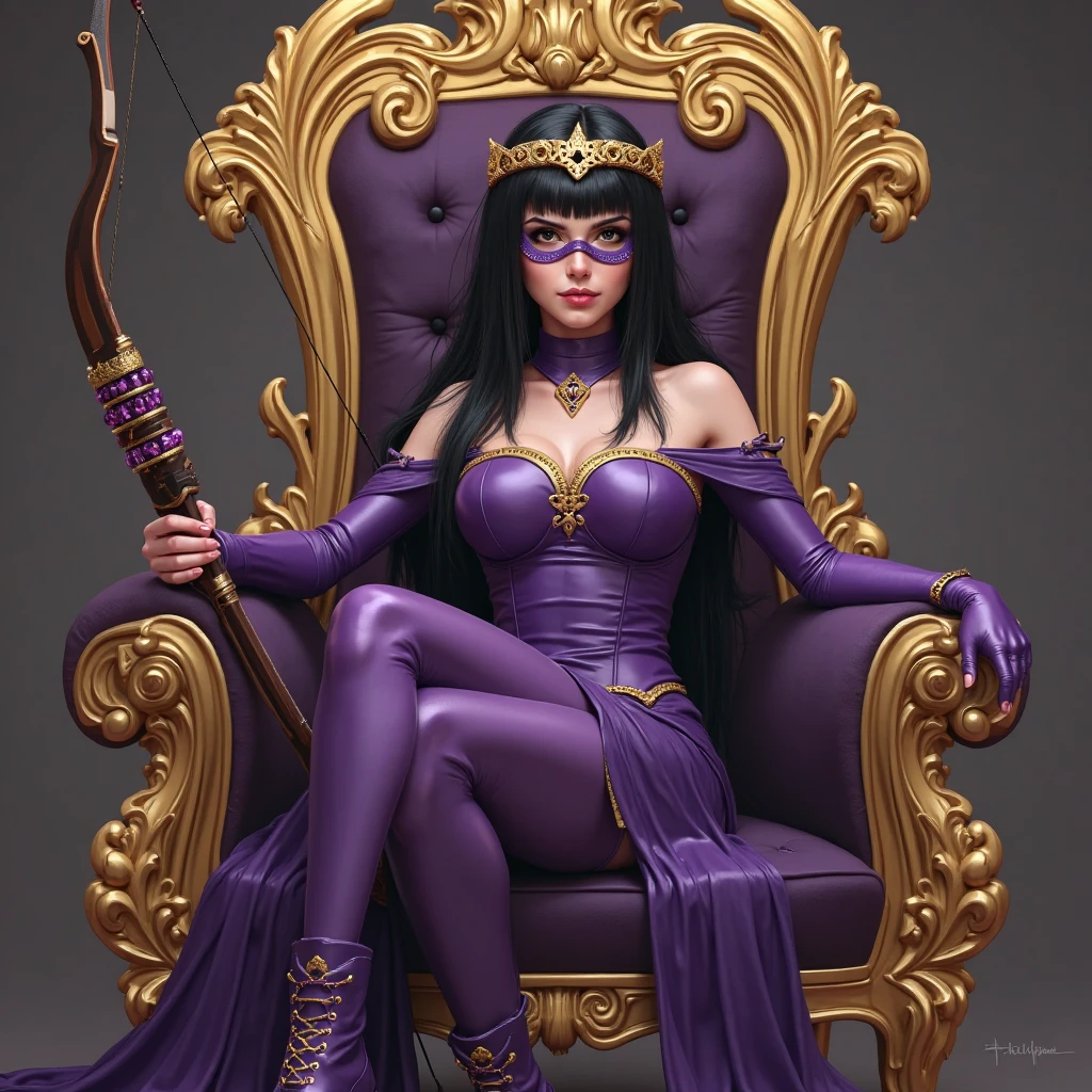 ( Masterpiece, 4k resolution, ultra-realistic, very detailed) a beautiful sexy evil woman with raven black hair, purple eyes, dark purple lips, golden hula hoop earings, a demonic skull necklece reveling dark blue dress with purple insides, sleeveless, with an opening on the chest and abdomen, dark blue boots, small chains accessories on her arms, black ring bracelets on her wrists (she is wearing a demonic crown) (she is siting on a throne of skulls) full body in the style of realism, glistening skin, , natural lighting, Defined full lips. fitness feminine body. portrait photography by artgerm, in the style of realism, glistening skin, , natural lighting, Defined full lips. Muscular fitness feminine body,