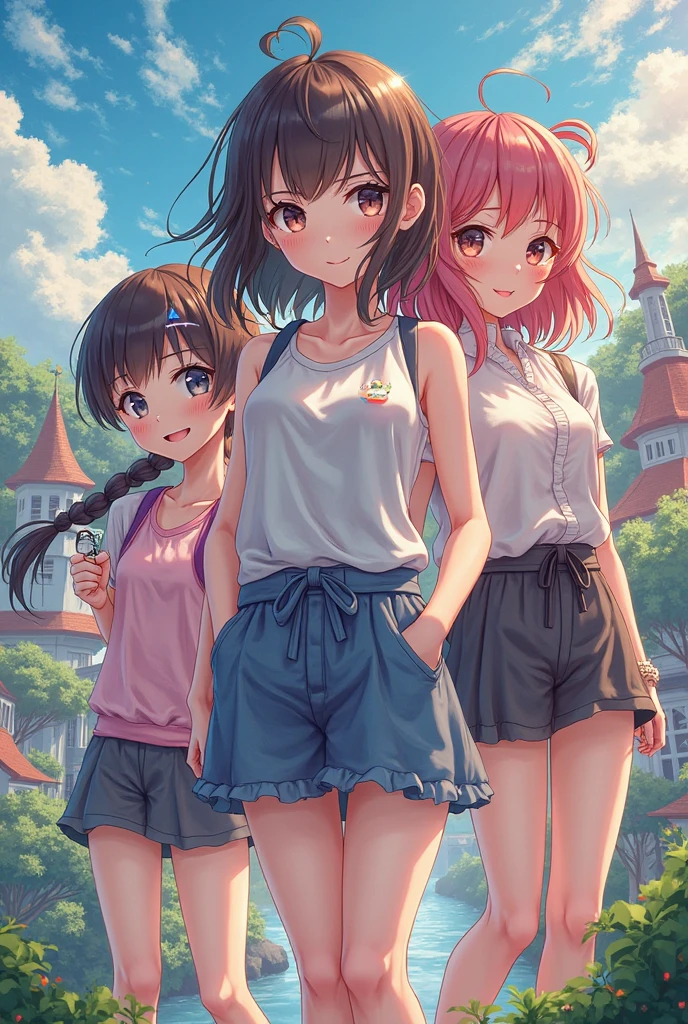 Three happy girls were sitting on the stone steps, Take a full body photo、Have fun and laugh、She was wearing a white blouse, バンズ sneakers, Red checked skirt、白いsneakers, Black Hair, detached houses, Flowers,Happy girl with round face, Big eyes, Long eyelashes, Full-body display、Detailed Private Parts、Hairless、Detailed female genitalia、Spread your legs、真From below、I see your white pants、Highest quality, Ultra-high resolution, (Realistic: )2D official style cel animation,((Like Hayate!three girls sitting in a row。))mini skirt,Summer Shirts,(Lace panties),loose socks,sneakers,Full body portrait,(From below),Station stairs,sunny,Troubled face,Spread your legs,(((Sexy see-through lingerie for women,Shiny bodysuit,Smooth and silky clothing,Trimmed combination,Lace Stockings,Erotic leash,pajamas))),