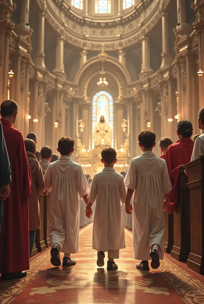 (absurderes, 8k, 4K, work of art, hyper extreme detailed:1.2), three people, 1 father, 1 girl, 1 boy, father behind, all facing backwards, with your back to the altar, perfect faces, eyes locked, standing, shorth hair, hair with gel, eyes locked, red tunic, Child boy, eyes locked, black tunic, white surplice, long sleeves, fazendo penitential act de culpa, closed hand, Right hand, closed hitting the chest, child, catholic church, religious, Godlike,, virado para a frente, tilt your head, altar boy outfit red tunic, white surplice, roupa acólito black tunic, white overcoat, eyes locked, Right hand batendo no peito, penitential act.