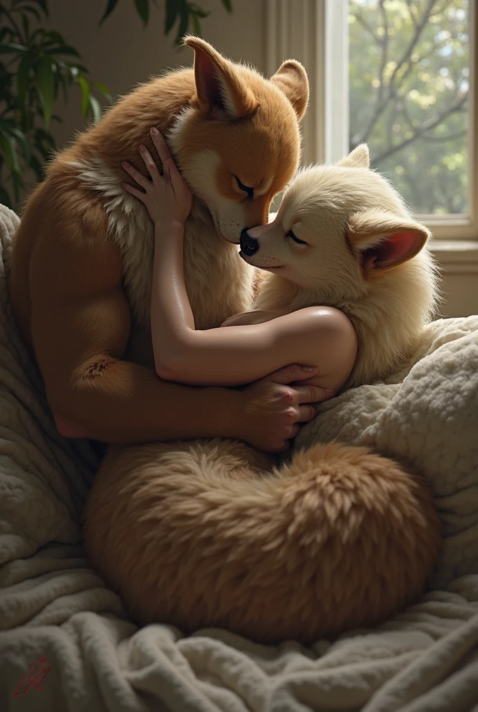 A hyper realistic, ultra detailed image of a husky, fat, (((((nude, side view, feral, husky, duo, human women, lying on each other, stomach to stomach, hands on butt, spreading anus))))), realistic, detailed background, (saliva:0.8)