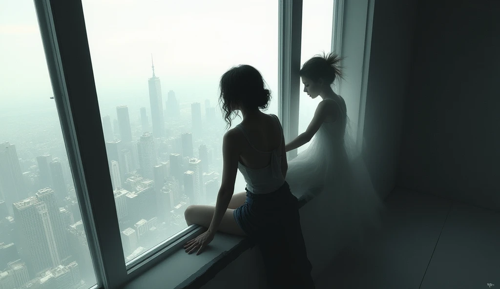 a crying naked female, dirty, ponytail, watching through the window, boots, long hair, ass, end of the world, epic realistic, (hdr:1.4), (muted colors:1.4), apocalypse, abandoned, neutral colors, night, screen space refractions, (intricate details), (intricate details, hyperdetailed:1.2), artstation, cinematic shot, vignette, complex background, building, from bottom