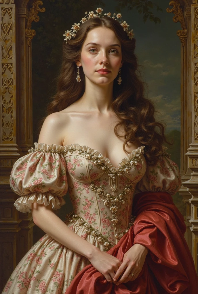 In the style of Peter Paul Rubens, this oil painting presents a Rubenesque woman, her figure wrapped in sumptuous burgundy and gold fabrics that highlight her creamy, soft skin. Her auburn hair falls in relaxed curls, surrounding her serene, radiant face, touched by a hint of blush. The background is filled with deep, dramatic colors and intricate details, which serve to elevate her luminous presence and the luxurious texture of the scene.
