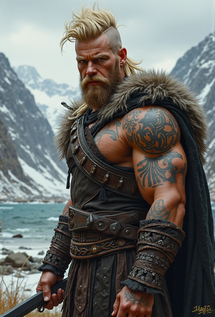 Realistic huge penis, blonde fluffy mullet, muscular, viking