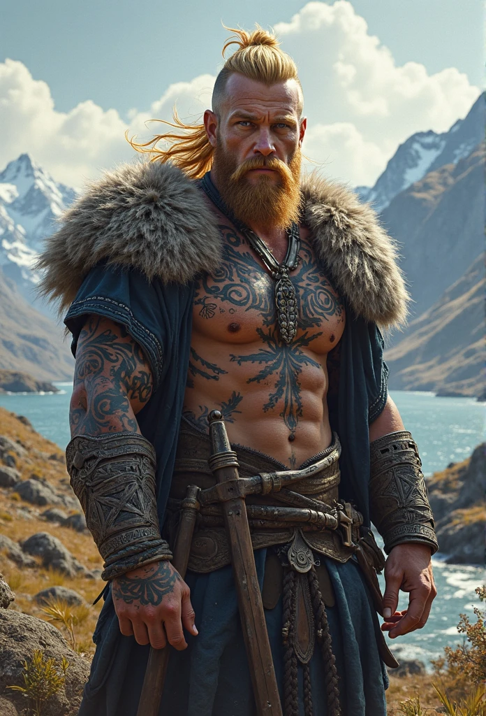 fking_scifi_v2, portrait of a very handsome blond young Viking warrior, tattooed, hairy body, wearing a Viking helmet, holding an axe in front of a smoky forest, close-up, victory pose and attitude.