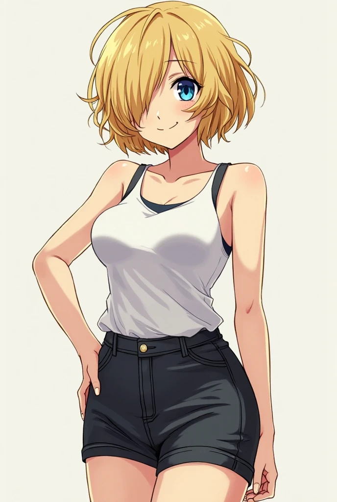 blonde with blue eyes,  short angled hair, crooped roso, short shorts showing half of the ass, checkered face, open zipper, tight shor, no panties in 8k hd style anatomy woman thin, blue pans short. White t-shirt. blondy long hair, Blue eyes, Blue low-cut t-shirt. Comic style. 