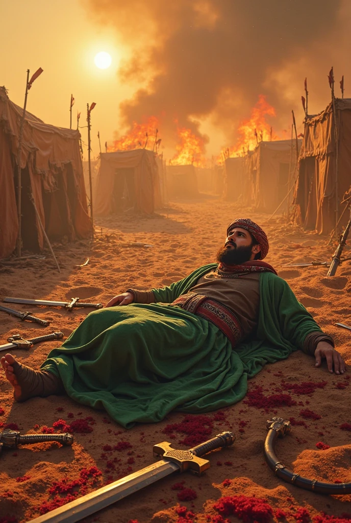 A sick men wear green hijab sitting bloody camel,
Both of men hands are placed by ancient handcuff,
Also neck are placed by ancient handcuffs,
Bloody sky,
Burning tents,
Some ancient army wear red suit with sword,javelin,sheild,
Burning date tress,