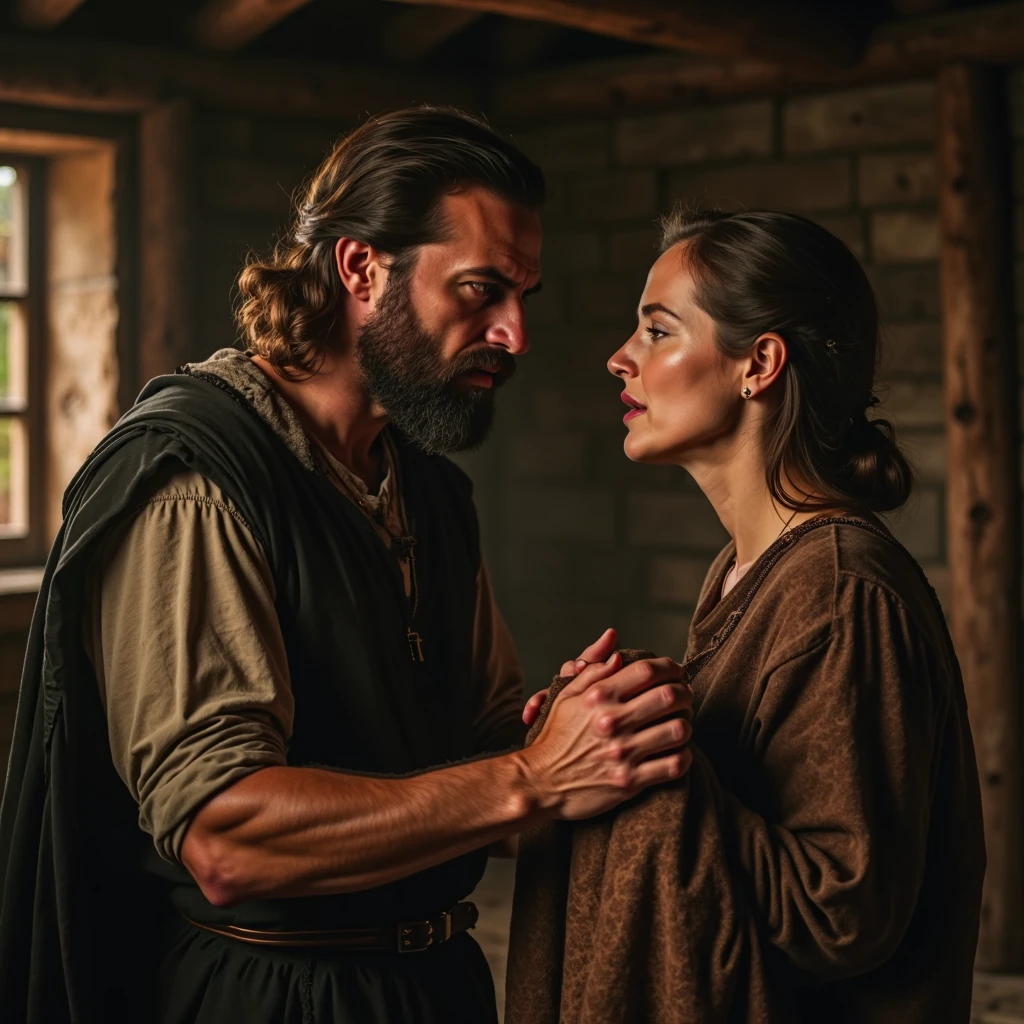 A man tells a woman that he feels pain in his forehead in medieval style