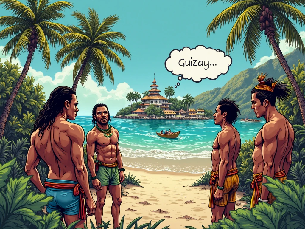 Cartoon of a man 4 wearing white shorts and no shirt sitting in front of a bean plate at a mexican restaurant sea front. Next to him, Hernan Cortez and Chuahutemoc holding a jalapeño pepper each.
