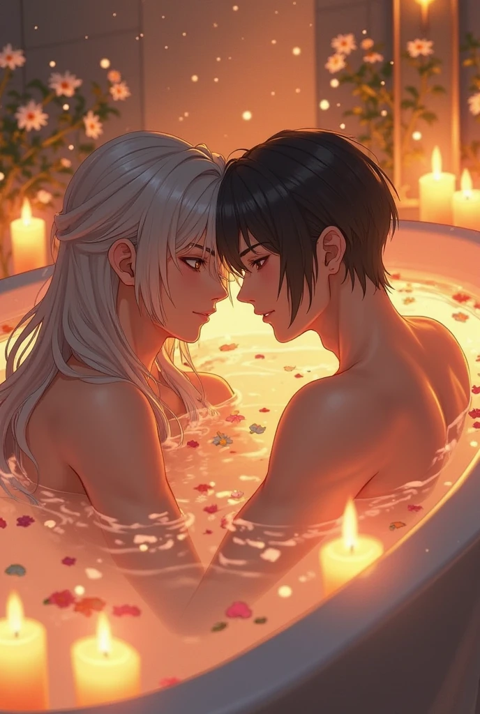 House taking a bath in the large bathtub and end up kissing The woman has short white hair and light brown skin, violet eyes and the man is tall, strong and handsome with dark hair