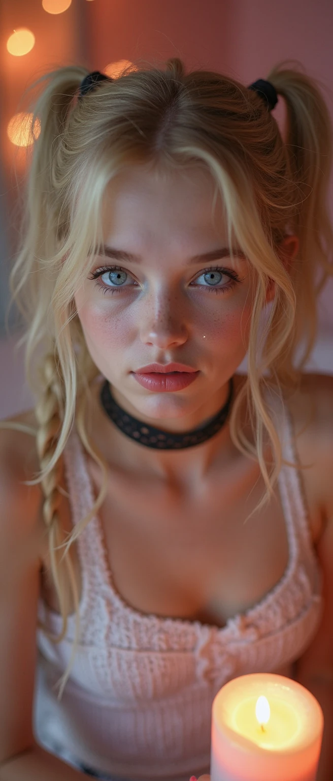 (UHD, high res, 16k), (eye candy, beautiful detailed blue eyes, beautiful detailed lips, extremely detailed eyes and face), sexy pouty lips, studio lighting, physically-based rendering, vivid colors, (gigantic breasts:1.2), ((sexy Lace balconette bralette)), cleavage, (medium shot), (curled shiny blonde hair, side swept bangs, shiny skin, blush), eye reflection, dark atmosphere, highly detailed skin texture, extreme details, perfect breast, tanned skin, freckles, flush skin, ultra detailed skin texture, soft lights, dark skin, (bokeh), retina, masterpiece, accurate, anatomically correct, textured skin, super detail, high details, high quality, best quality, 1080P, HD, 4K, 8k, UHD, award winning, hyper-realistic