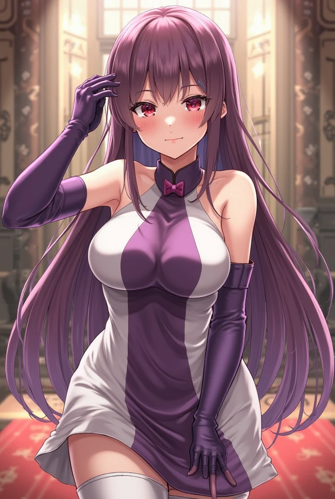 Draw Misha Fox, a unique female character.  Waist-length purple hair all messed up.  thin purple eyebrows, purple eyes.  sleepy facial expression.  small, firm and perky breasts, thin waist, big and perky butt, athletic body.    
 Later, the two met in a cozy bar in the city center.  Misha arrived a little later, attracting stares as soon as she entered.  She wore a tight, short burgundy dress that highlighted her curves provocatively.  Her high heels made her look even taller and more confident.  Her purple hair was loose, falling in perfect waves over her shoulders.  seen from the back with her ass stuck out.  sitting on the stool with a view from below.