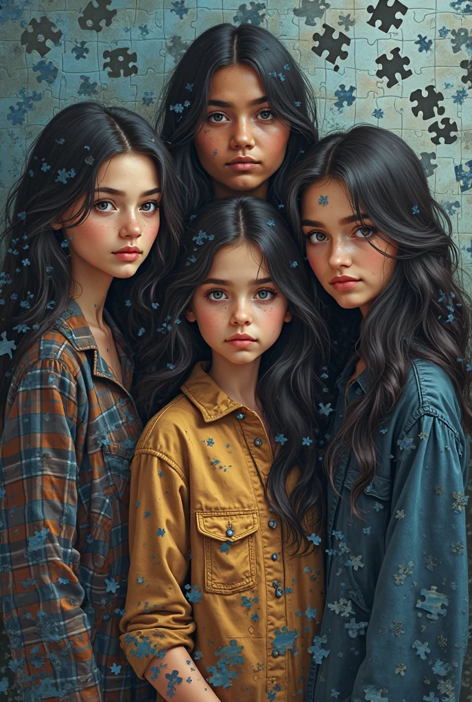 children, girls with black hair, in light beautiful dresses, Oil paint background, smears, pastel soft colors