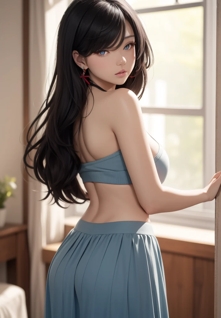Cowgirl, blue croptop, blue thong, turn back, show her butt, on bed,