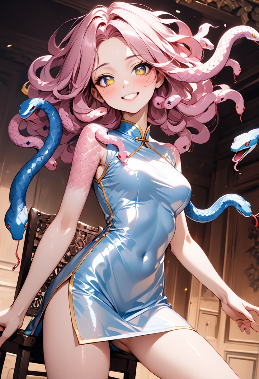 masterpiece, best quality, solo, 1girl, looking at viewer, smile, simple background, full body, white background, ashidomina, short hair, horns, (color sclera:1.1), (black sclera:1.2), pinkish skin, clavicle, bare shoulders, cleavage, fur trimmings , vest, jumpsuit, bodysuit