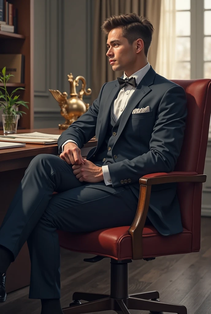 man,with a small beard and blue eyes with dark hair dressed in a suit, sitting in his office in a mansion with a bookshelf behind him and carrying a glass of whiskey.