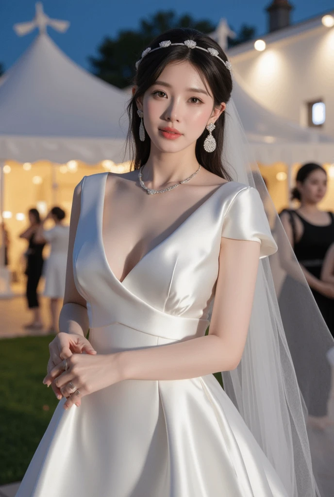 (best quality), masterpiece, (photo realistic:1.5), 8k quality, 1 beautiful girl, 18 years old, full body, (large breasts:1.4), dark brown hair, brown eyes, front, detailed face, beautiful eyes, looking at viewer, smile, BREAK, wearing sexy silver wedding dress, one shoulder dress, standing in a beautiful church, holding a bouquet with both hands, (ulzzang-6500-v1.1:0.1)