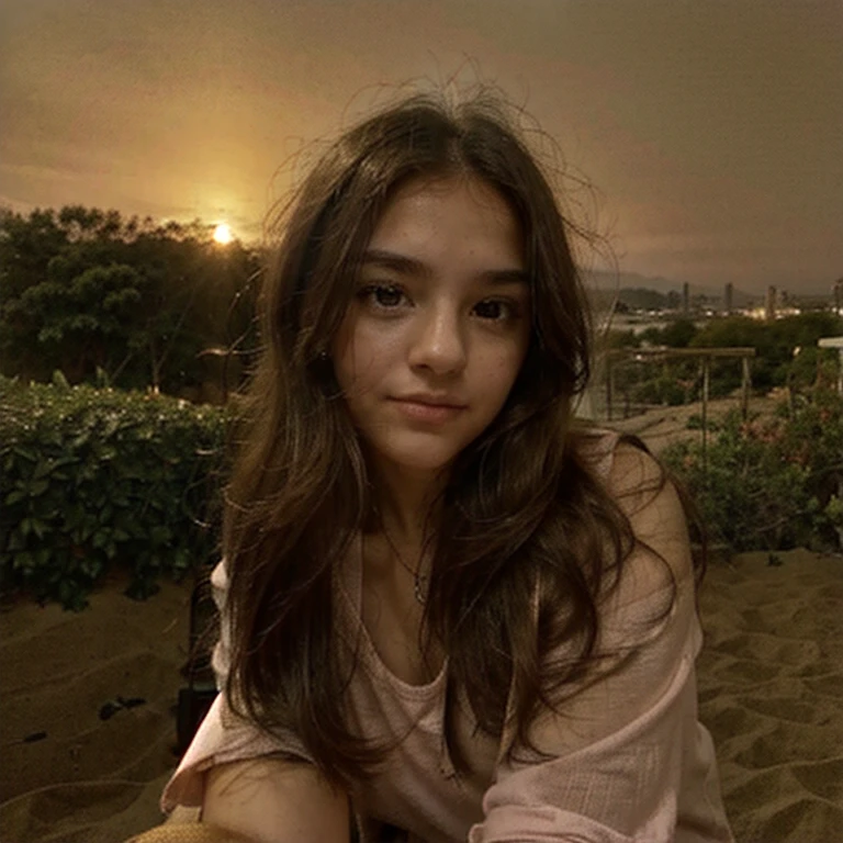 Une jeune fille qui est du coucher du soleil