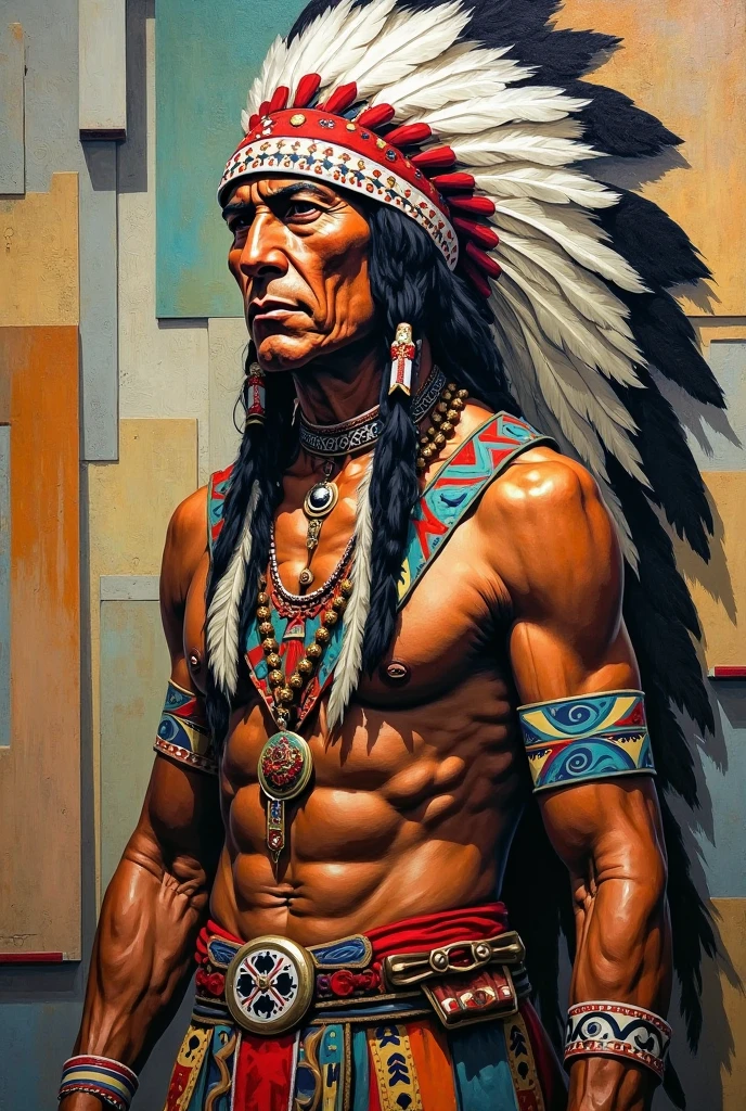 Front-Side, centered potrait, middle age red indian chief, angry, big feather hat, black and white drawing. Clear background, simple, fit to image, faded downward, no shirt, muscular built, stomach up.