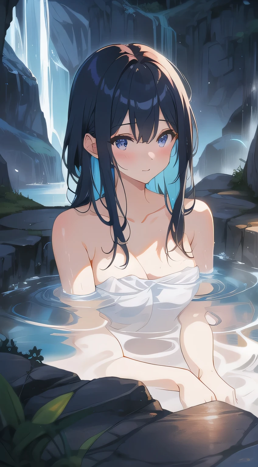 ((A long shot)) of a black-haired anime teen girl, ((sitting in a river)), ((strong moonlight)), cinematic light, slim body, skin is perfectly healthy, soft, and smooth, Extremely delicate and beautiful CG illustration, best quality, high resolution, dynamic angle, full-length lens, (1 girl), floating, (soft light, high-key lighting), glowing light, blue halo, blue crystal, ((very cinematic)), ((half naked)), ((torn clothes))