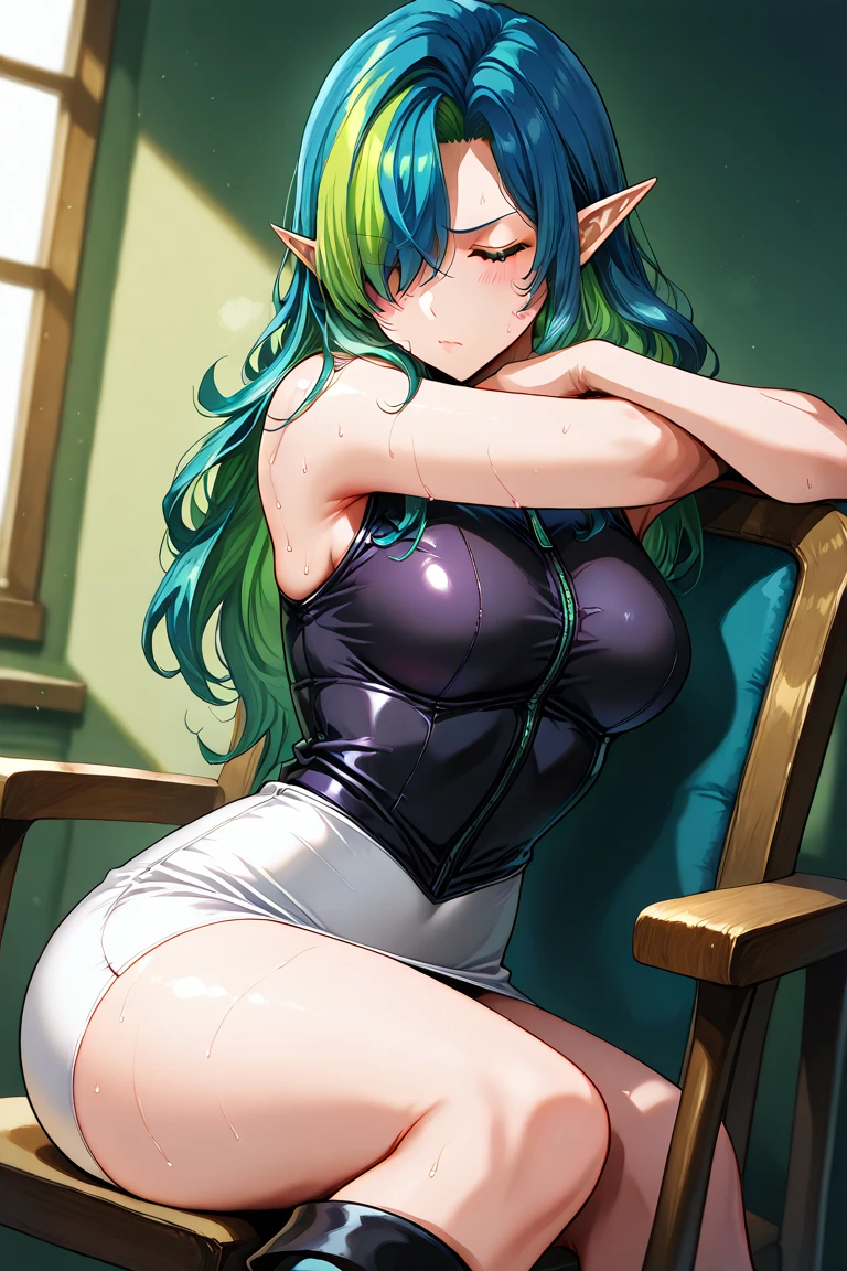 (masterpiece), best quality, exhausted, open mouth, drooling, hard breathing, Lucoa_Quetzalcoatl, blonde, hairmulticolored hair, heterochromia, blue eyes