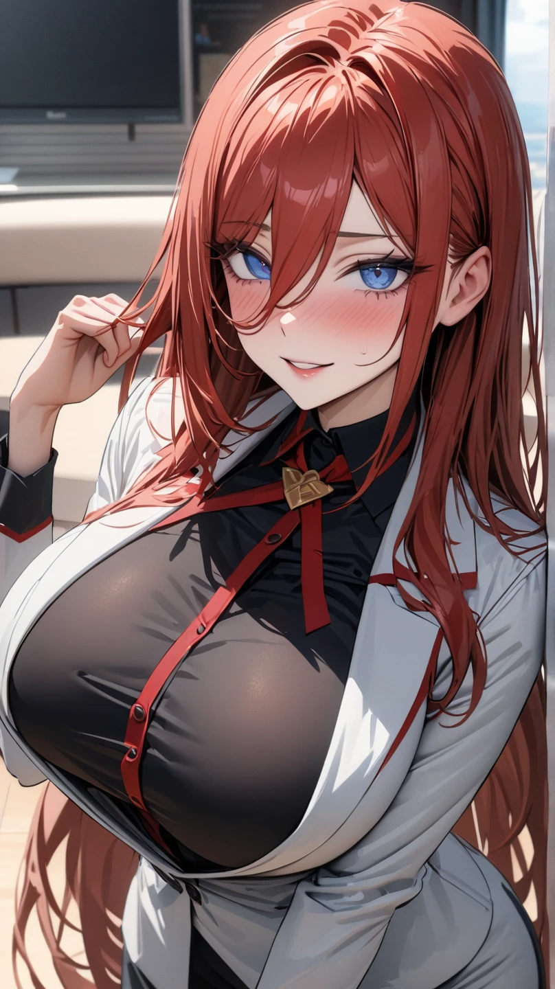 (masterpiece, best quality:1.2), solo, 1girl, red hair, yellow eyes, makima,, unbuttoned shirt with collar, on the chest, a lot of, black unbuttoned pants, wide hips,