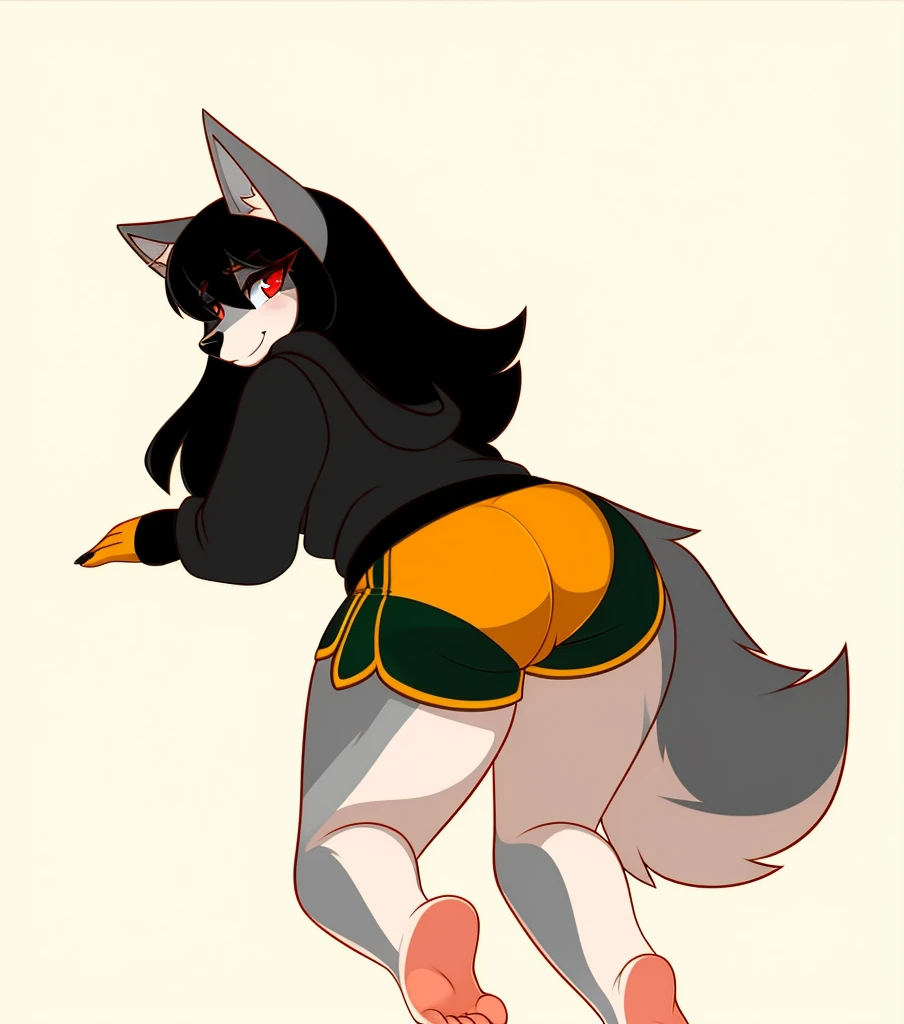 Anthropomorphic young cub ??? 8 year old male fat black wolf, red eyes, twirl tails, fullbody view, solo, lying on floor, digital art, lifting his shirt, back view, wearing a teal t-shirt and long teal socks with white stripes and teal panties, half lowered, panties, looking at viewer, really scared face, tears on eyes, white background, leaking panties, hands touching him.