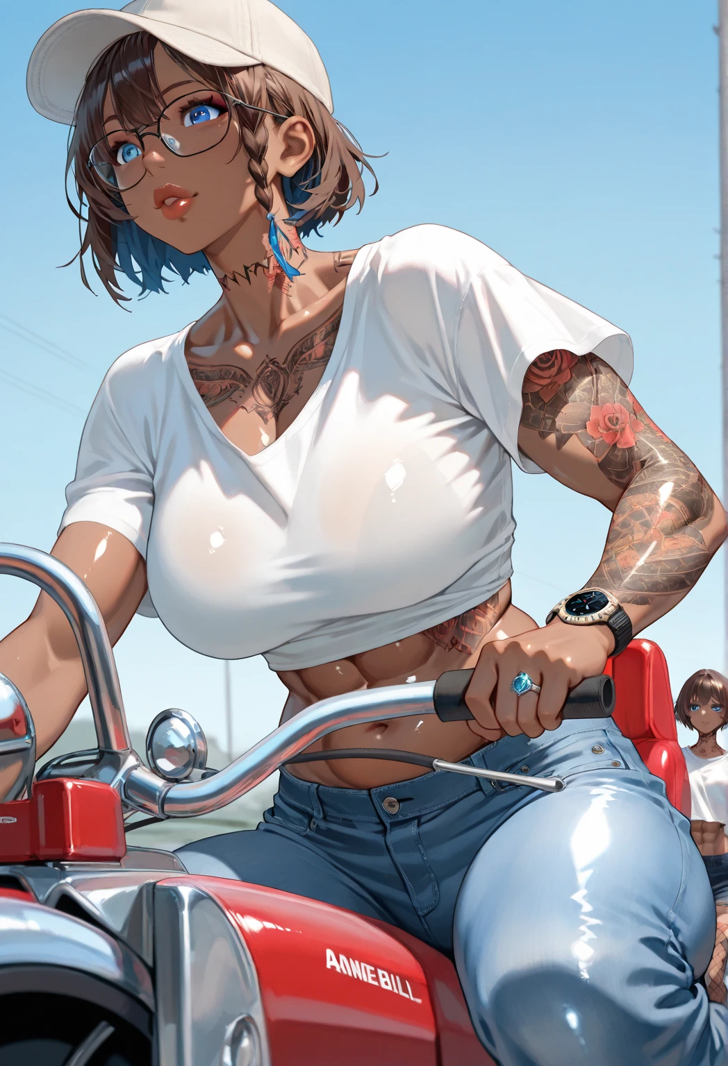 (masterpiece:1.2, highest quality), (realistic, photorealistic:1.4), beautiful illustrations,
looking at the viewer, whole body, Front view:0.6,
((1 female:1.9)), Japanese, ((black short bob:1.5, slicked back hair:1.4, black eyeshadow:1.3, red lipstick)), (medium breasts:1.6, big ass)
beautiful hair, beautiful face, beautiful and detailed eyes, (glowing red eyes:1.3), beautiful clavicle, beautiful body, beautiful breasts, beautiful thighs, beautiful feet, beautiful fingers, ((perfect anatomy:1.3)), perfect anatomy
((motorcycle maintenance shop:1.6)), ((tattoo:1.5))
((Black Sport Bra:1.8, white hot pants, choker:1.6)),
((seductive pose)),
(glare at the viewer while blushing:1.4)
