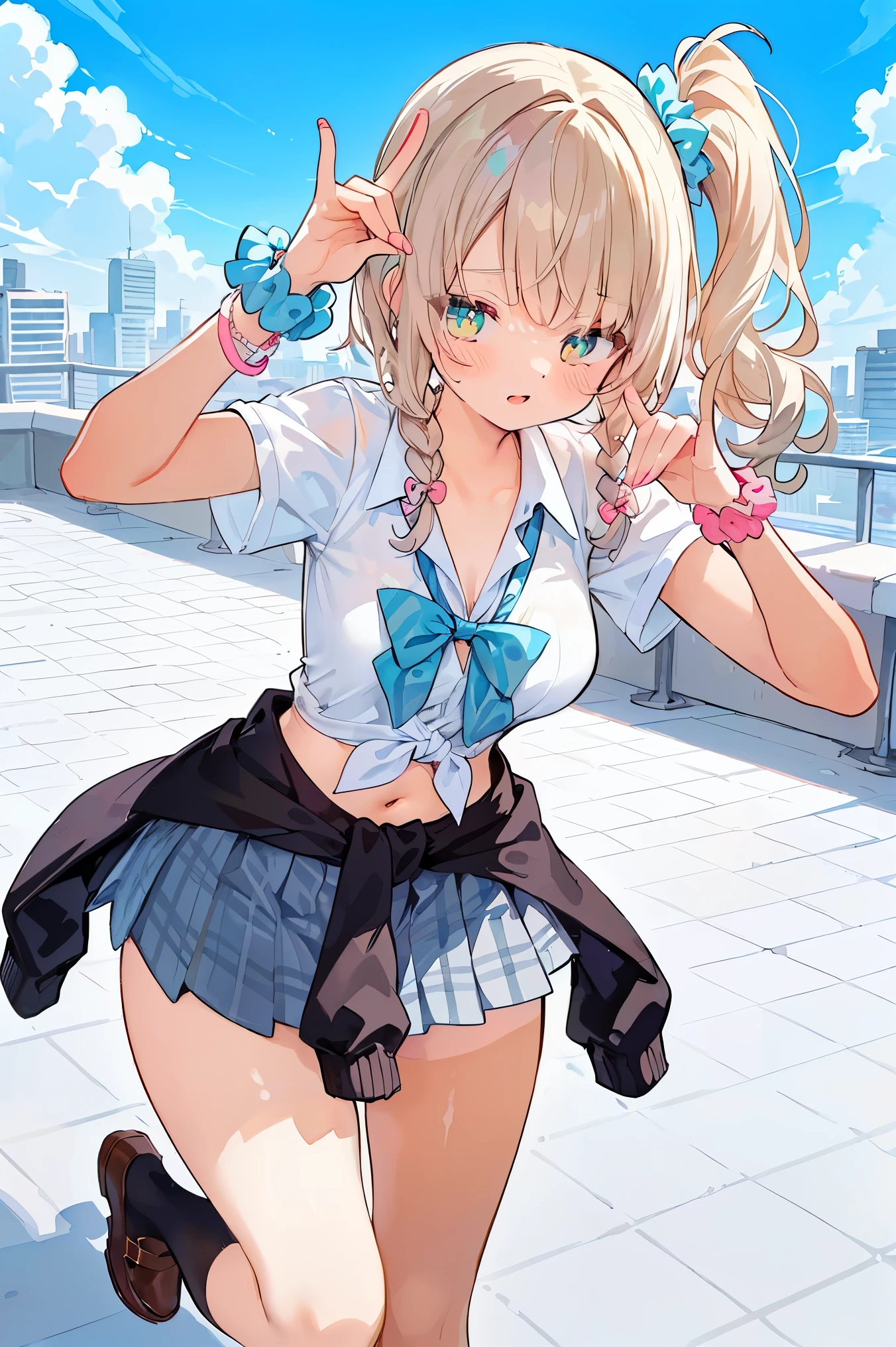 realistic image, coherent image, detailed image, 1 beautiful girl, She has blonde hair, long, silky hair styled with two heart-shaped pigtails, blue eyes, she has cat ears, a cat tail, her face is oval and delicate , smiling shyly. She is wearing a short, sleeveless, navel-baring t-shirt, plaid mini skirt, mid-thigh stockings, and sneakers. She has a curvy body, small breasts, thick thighs, surrounded by buildings, windy day,