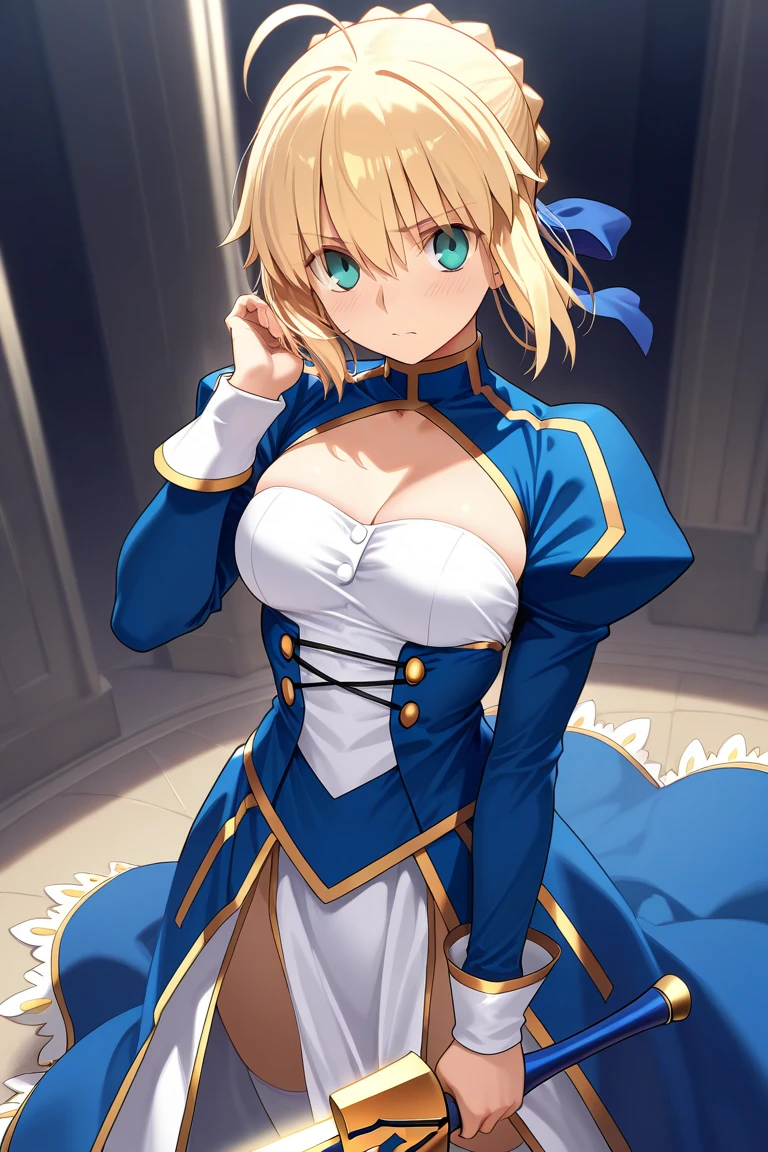(masterpiece、top-quality、hight resolution、Unity 8k、extremely details CG:1,Best Picture), A female escort looks directly at the viewer with a cold, uninterested gaze, making no effort to hide her annoyance. Her expression and body language clearly convey that she finds the situation tedious and sees the person she is interacting with as overwhelmingly inferior. There is no trace of hatred or anger, just pure exasperation at having to deal with this job. Focus on her facial expression and gesture, artoria pendragon (fate), nsfw