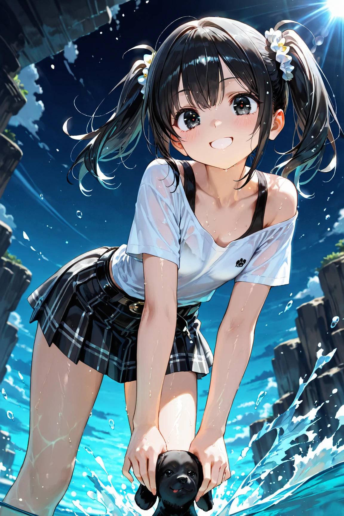 masterpiece、highest quality、High resolution、Very detailed、Medium wide shot、Girl、Water gun、See-through clothing、smile、blue sky、Wet Hair、Water Drop、Watching the audience、summer、rainbow、