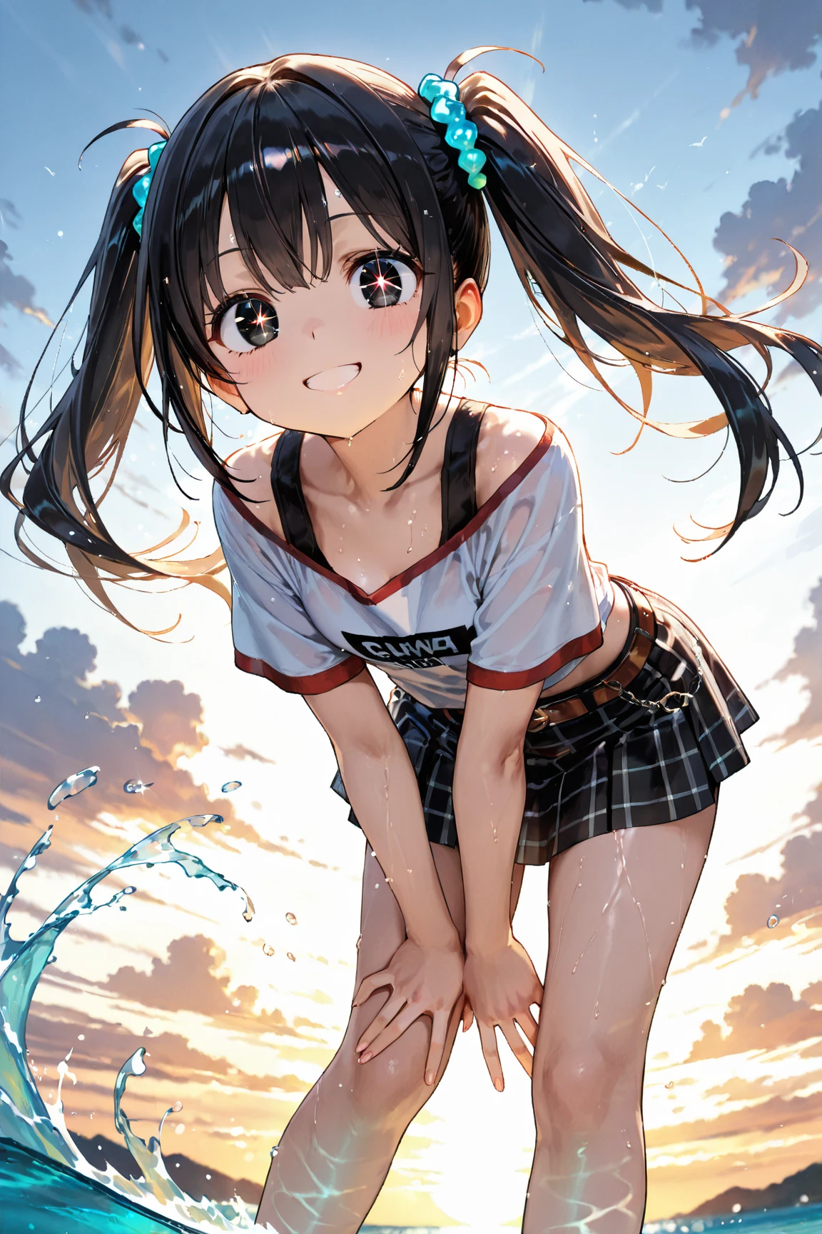 1 female,black hair,((s old)),(((White and blue short sleeve gym clothes and shorts)))(((blush、open mouth smile)),(((Yuki Mikan))),crowd(baby girl body shape)(((small breasts)))look back,((wet with sweat))outdoor playground,Mansuji