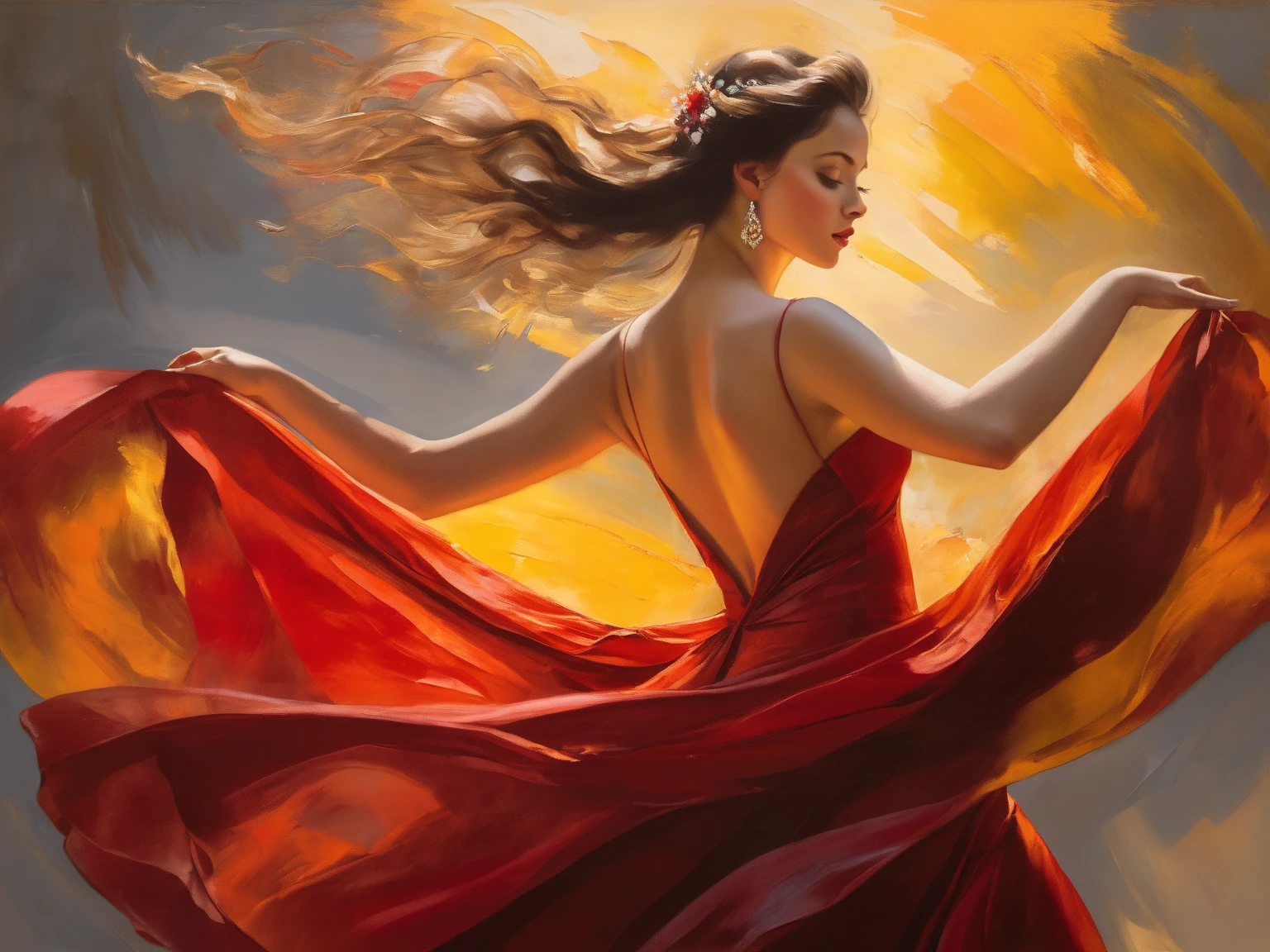 A vibrant and captivating painting of a woman, her enchanting beauty radiating from the canvas. She is wearing a red dress that hugs her curves and exposes her figure from a perfect angle. Her alluring gaze captures your heart, causing it to melt. The background is a blend of soft and bold colors, with a sense of depth and perspective. As she gently touches the frame, the viewer feels their heart explode with love and affection., vibrant, painting