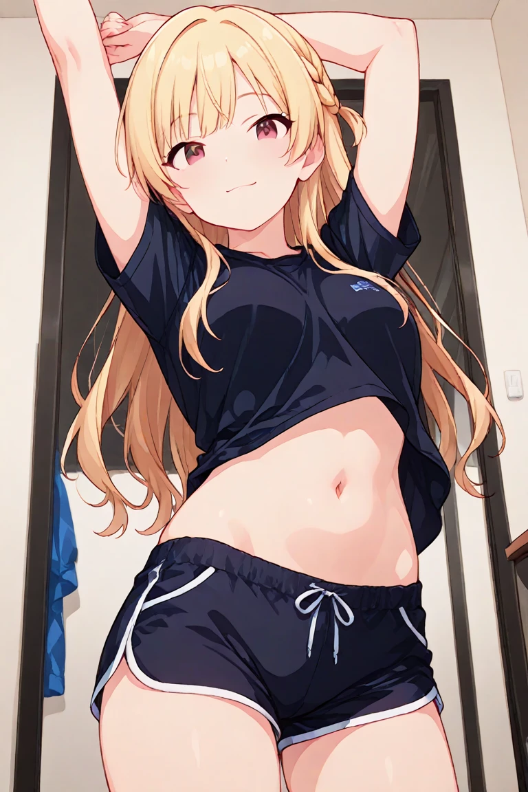 Highest quality, masterpiece, No correction, Beark,shinosawa hiro,thin,Orange eyes,White eyelashes,Blonde,Long Hair,Hair Clip,Track jacket,cute panties, Head Focus,  Open shirt,flat chest,white background,lying,open legs,peace sign