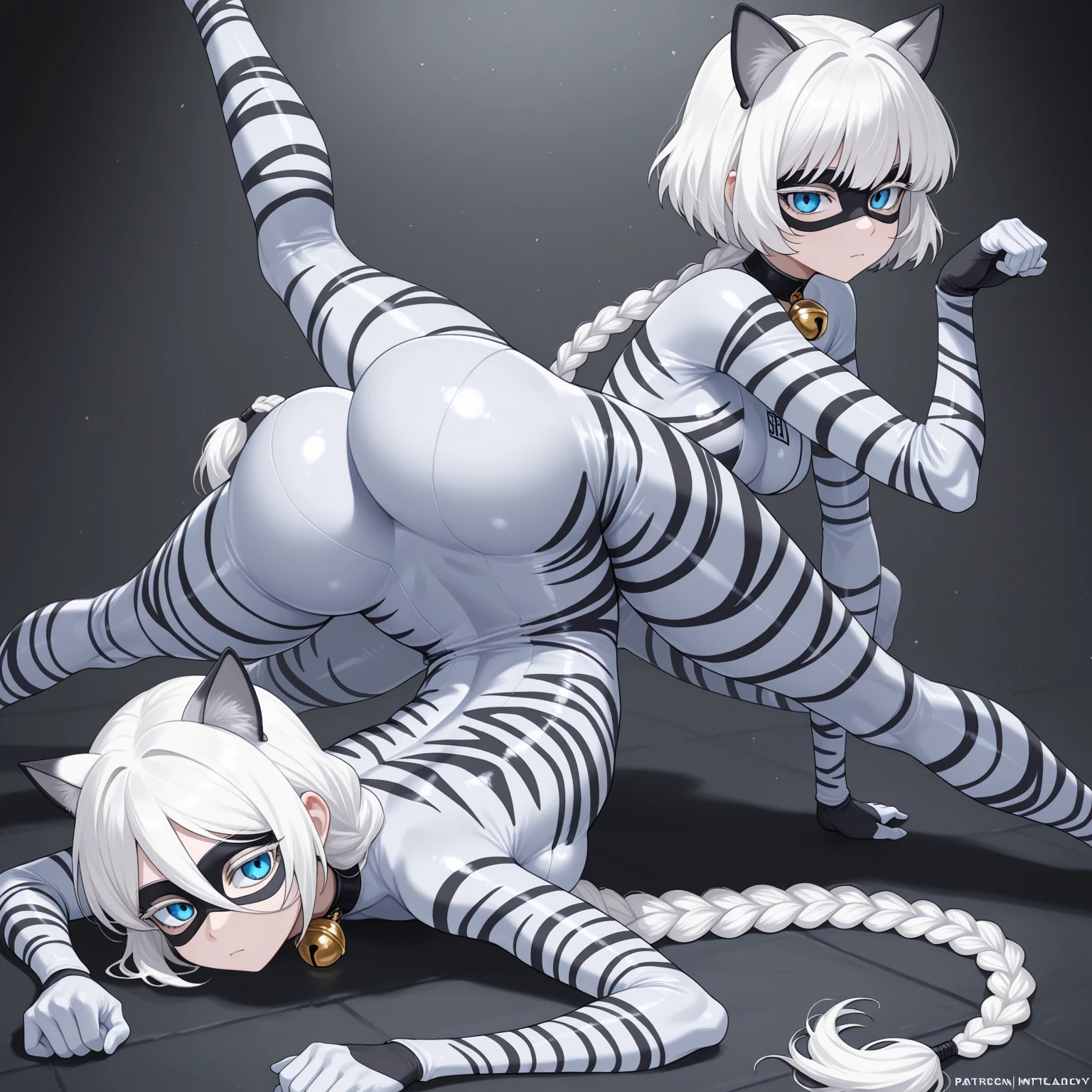score_9,score_8_up,score_7_up, score_6_up, score_5_up,source_anime, kemono style,  Kat,  Anthro furry feline, blue eyes, silver fur, grey stripes on body, blonde hair, hair in a ponytail, pink nose, :3, naked, tentacle sex, she is getting fucked by many blue slimy tentacles, wrapped in blue tentacles, a tentacle fucking her pussy, a tentacle fucking her ass, a tentacle in her mouth, in a dark cave