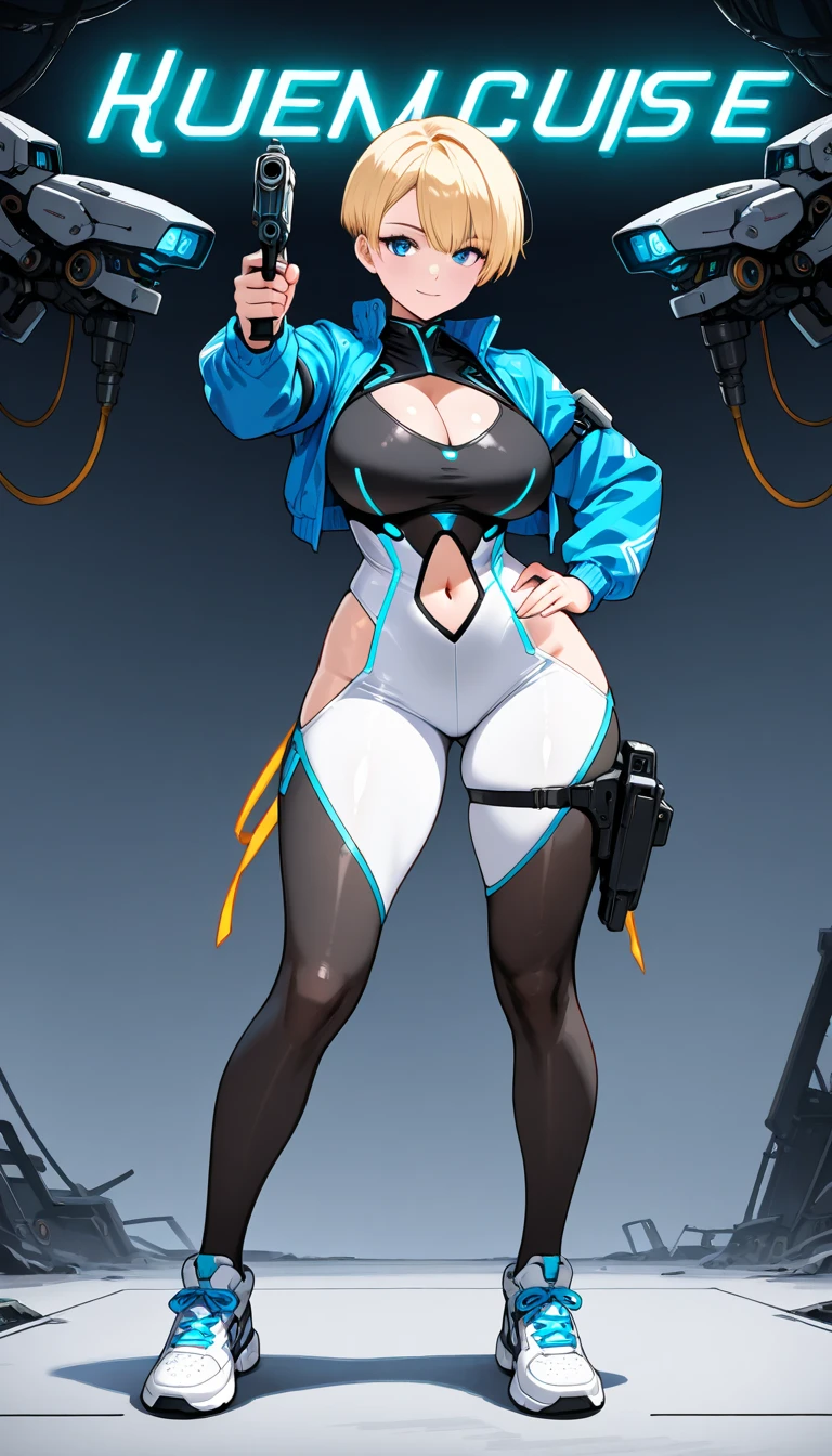 Long legs, Long hair, Cream yellow short cut hair, Cyberpunk, depth of fields, Blurred background, thong, nakeness, Big breasts, cleavage, Sexy、Race Queen、Drag racing