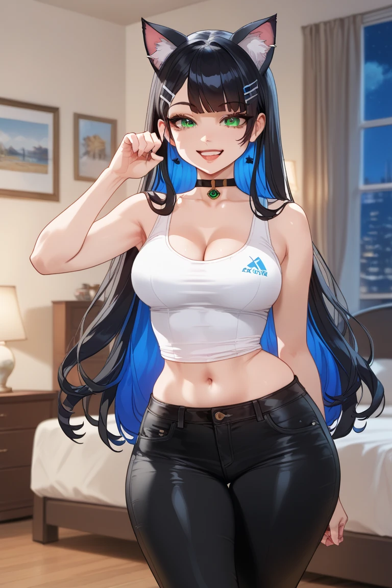 最high quality、best image quality、masterpiece、teenage girl((18-year-old、 By becoming、vest bust、???????????,wide open ?????? tea、black eye, black hair、long hair、thin,highest valley、Perforated gloves、blue earrings、bandana、Black workwear、white t-shirt、smile、There is a spanner、There are black stains all over the body)),high quality、beautiful art、background((Mechanic Room)),debris flies、Depth of written boundary、movie、visual art、perfect art、8K,genuine